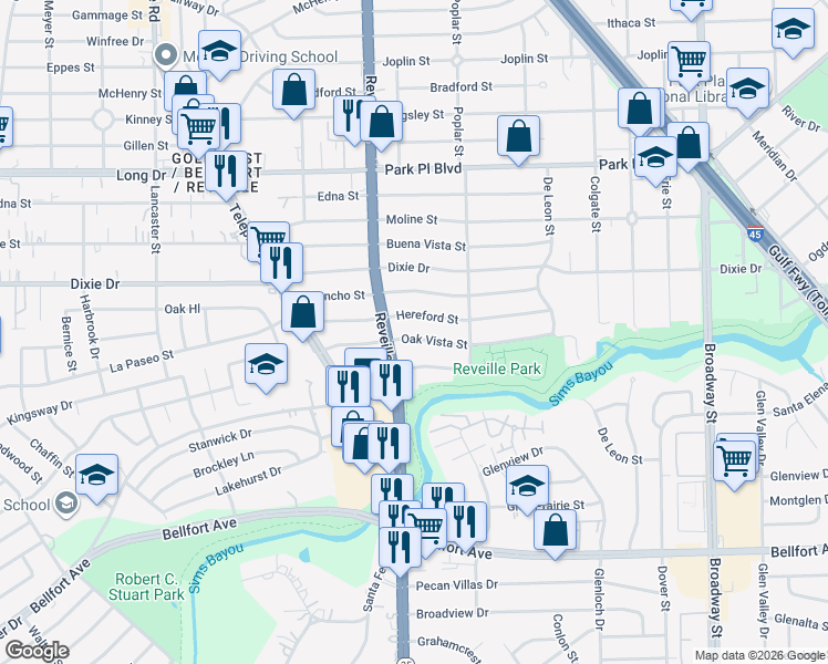 map of restaurants, bars, coffee shops, grocery stores, and more near 7615 Hereford Street in Houston