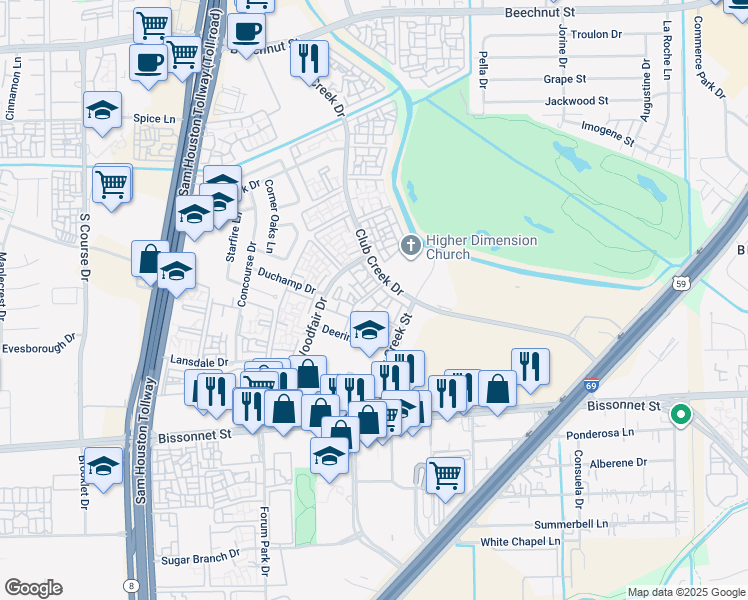 map of restaurants, bars, coffee shops, grocery stores, and more near 103 Club Creek Drive in Houston
