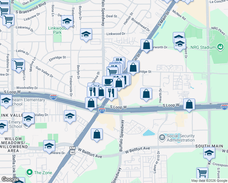 map of restaurants, bars, coffee shops, grocery stores, and more near S Main St & Buffalo Speedway in Houston