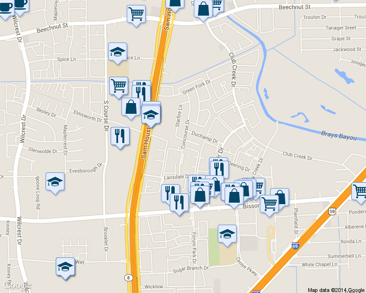 map of restaurants, bars, coffee shops, grocery stores, and more near 10206 Finchwood Lane in Houston