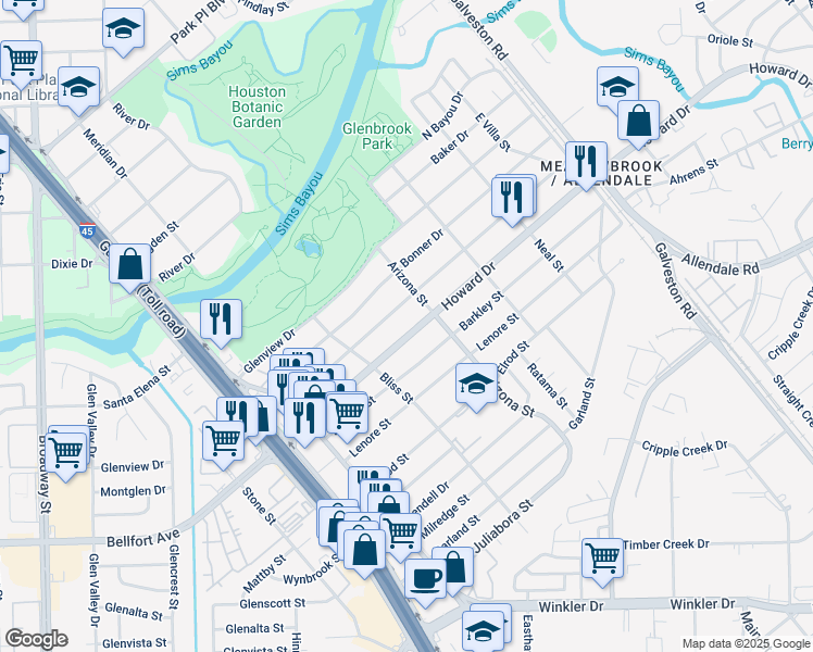 map of restaurants, bars, coffee shops, grocery stores, and more near 8145 Wier Drive in Houston