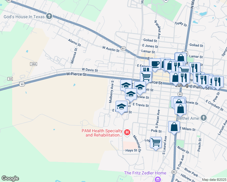 map of restaurants, bars, coffee shops, grocery stores, and more near 215 Mulberry Avenue South in Luling