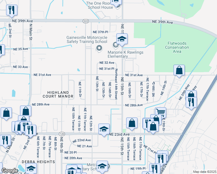 map of restaurants, bars, coffee shops, grocery stores, and more near 2924 Northeast 14th Drive in Gainesville