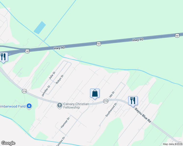 map of restaurants, bars, coffee shops, grocery stores, and more near 314 Buccaneer Road in Houma