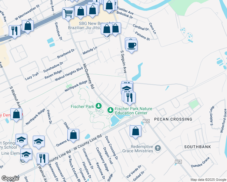 map of restaurants, bars, coffee shops, grocery stores, and more near 350 Scenic Meadow in New Braunfels