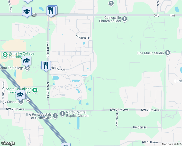 map of restaurants, bars, coffee shops, grocery stores, and more near 7519 Northwest 29 Place in Gainesville