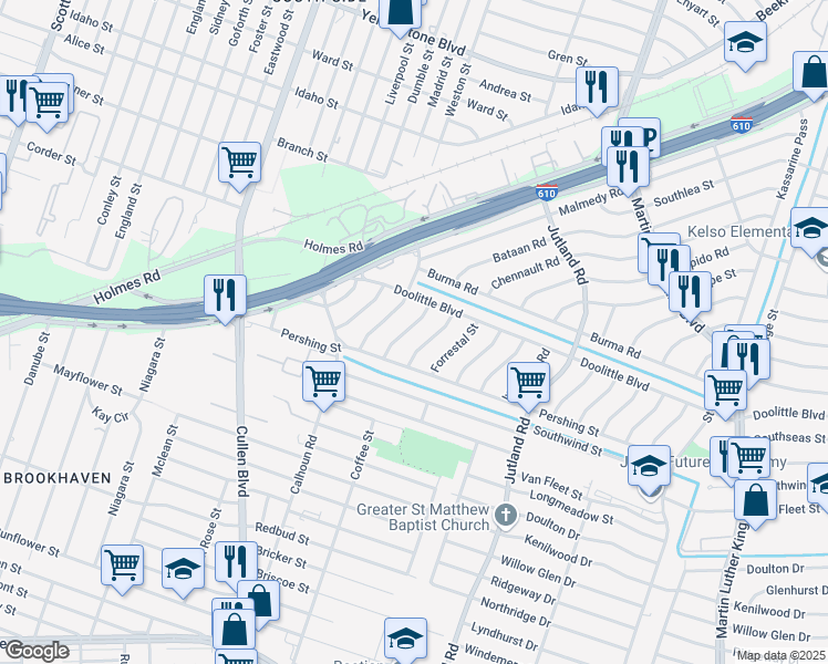 map of restaurants, bars, coffee shops, grocery stores, and more near 7331 Dunkirk Road in Houston