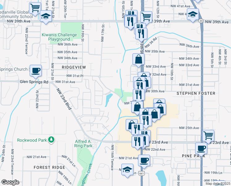 map of restaurants, bars, coffee shops, grocery stores, and more near 1560 Northwest 29 Road in Gainesville