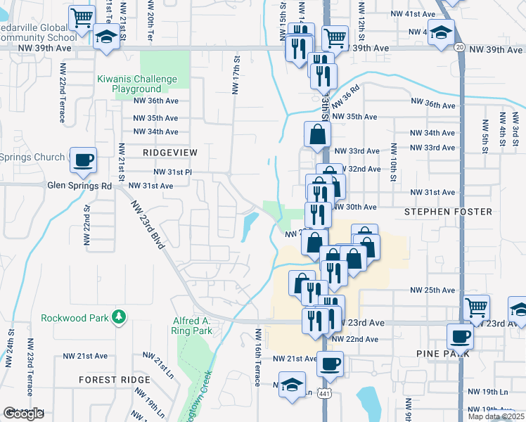 map of restaurants, bars, coffee shops, grocery stores, and more near 1560 Northwest 29 Road in Gainesville