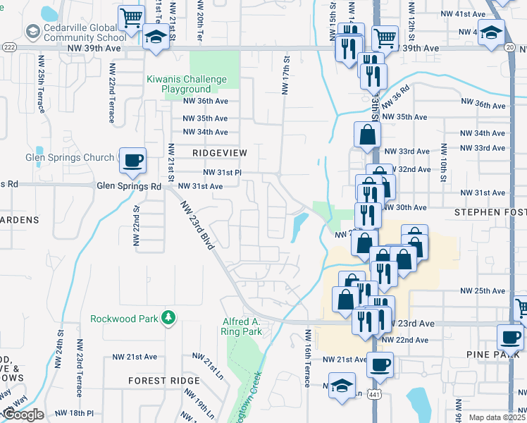 map of restaurants, bars, coffee shops, grocery stores, and more near 1579 Northwest 29 Road in Gainesville