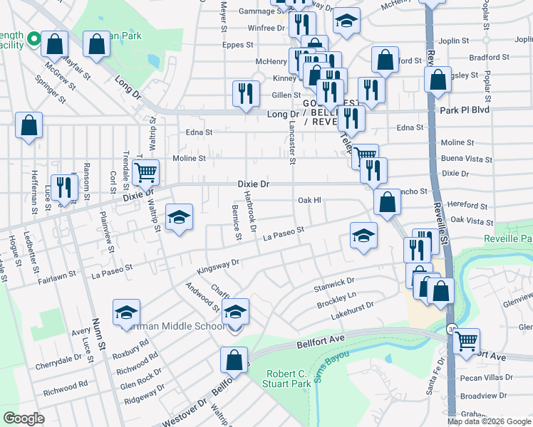 map of restaurants, bars, coffee shops, grocery stores, and more near 7200 Oak Hill in Houston
