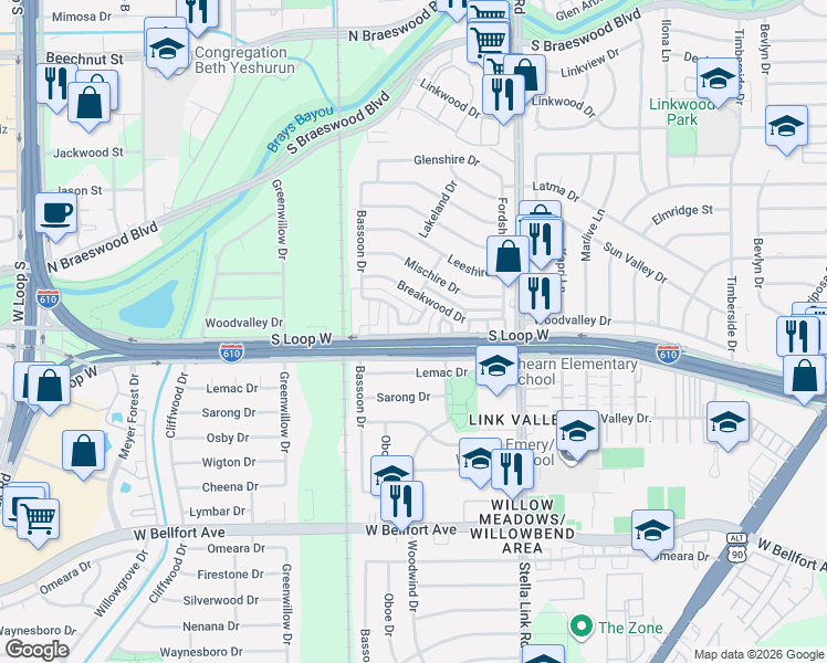 map of restaurants, bars, coffee shops, grocery stores, and more near 4109 Meyerwood Drive in Houston