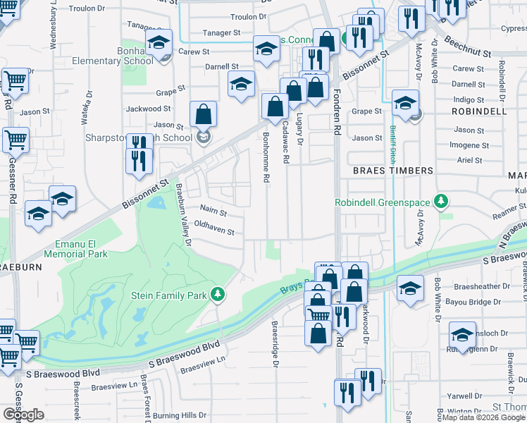 map of restaurants, bars, coffee shops, grocery stores, and more near 9015 Bonhomme Road in Houston