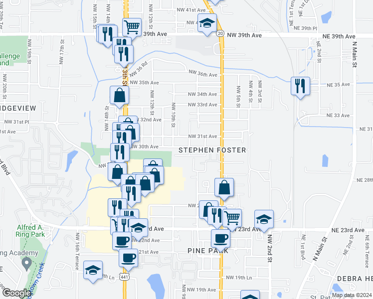 map of restaurants, bars, coffee shops, grocery stores, and more near 903 Northwest 30th Avenue in Gainesville