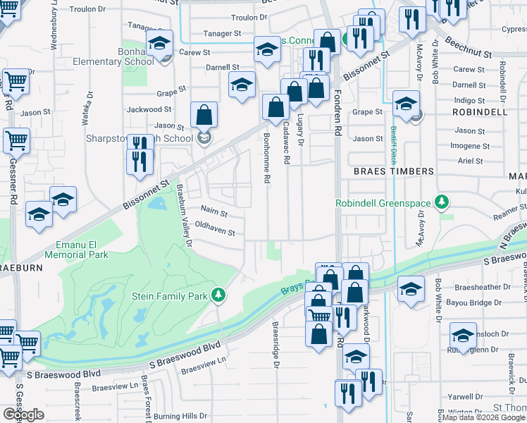 map of restaurants, bars, coffee shops, grocery stores, and more near 9015 Bonhomme Road in Houston