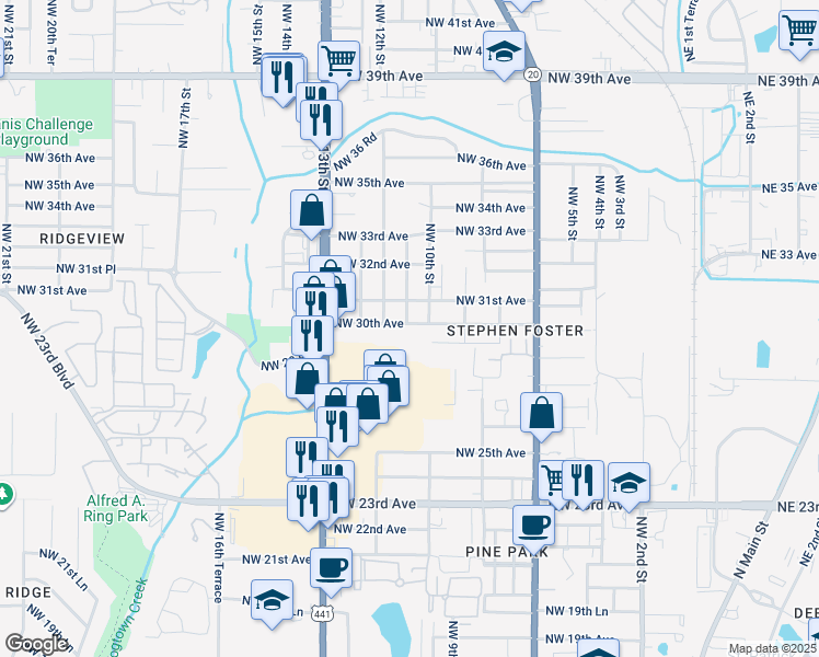 map of restaurants, bars, coffee shops, grocery stores, and more near 1023 Northwest 30th Avenue in Gainesville