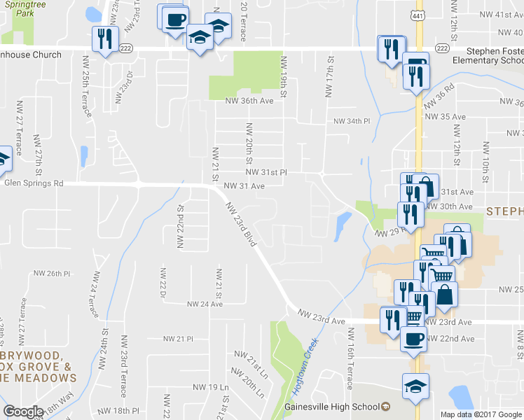 map of restaurants, bars, coffee shops, grocery stores, and more near 3002 Northwest 28th Circle in Gainesville