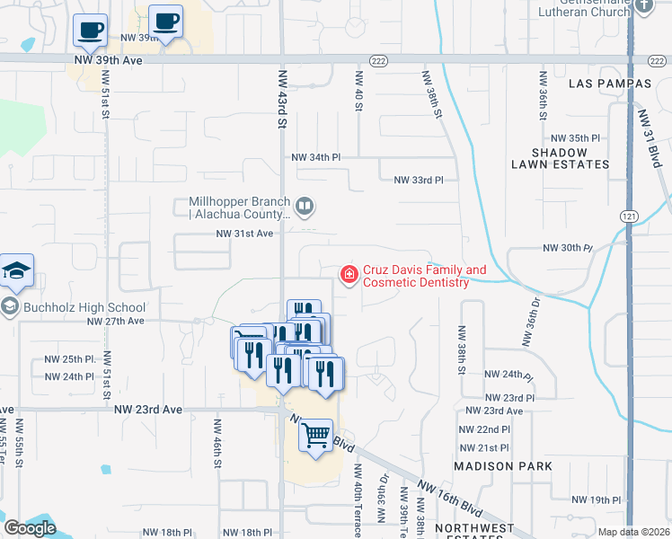map of restaurants, bars, coffee shops, grocery stores, and more near 4100 Northwest 28th Lane in Gainesville