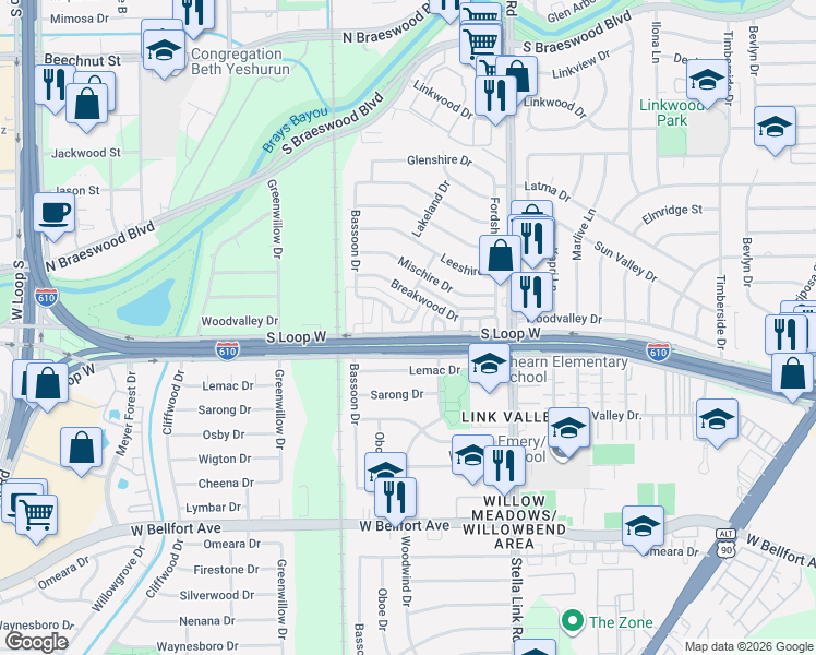 map of restaurants, bars, coffee shops, grocery stores, and more near 4109 Meyerwood Drive in Houston