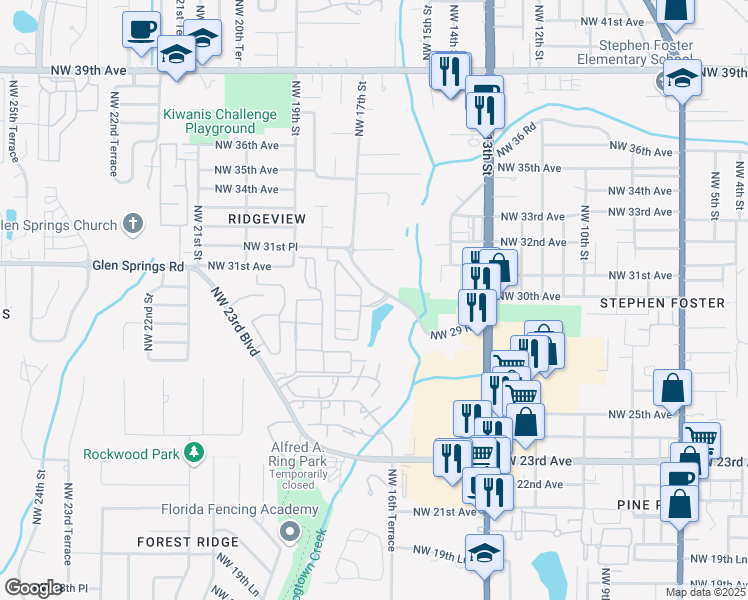 map of restaurants, bars, coffee shops, grocery stores, and more near 1630 Northwest 29 Road in Gainesville