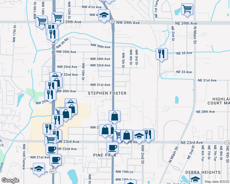 map of restaurants, bars, coffee shops, grocery stores, and more near 3035 Northwest 6th Street in Gainesville