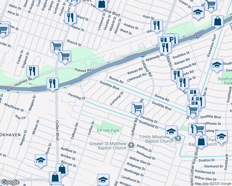 map of restaurants, bars, coffee shops, grocery stores, and more near 7303 Eisenhower Road in Houston