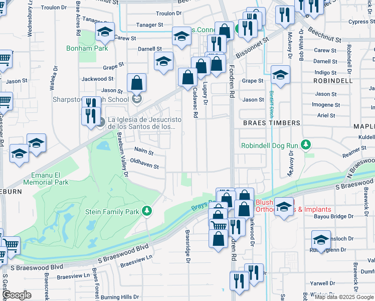 map of restaurants, bars, coffee shops, grocery stores, and more near 9015 Bonhomme Road in Houston
