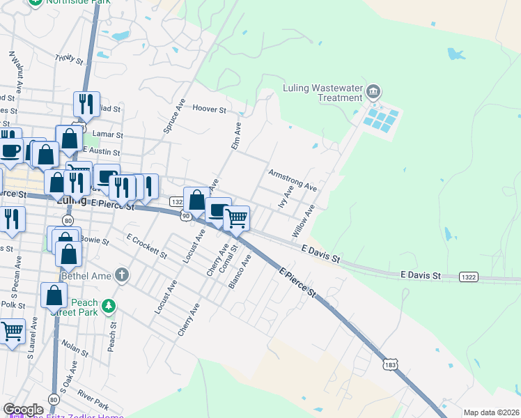 map of restaurants, bars, coffee shops, grocery stores, and more near 1326 East Fannin Street in Luling