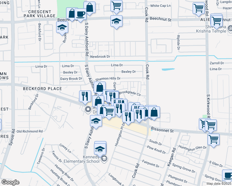 map of restaurants, bars, coffee shops, grocery stores, and more near 12602 Brookglade Circle in Houston