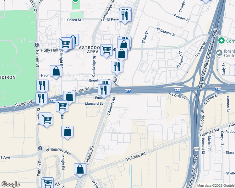 map of restaurants, bars, coffee shops, grocery stores, and more near 1177 South Loop West Freeway in Houston