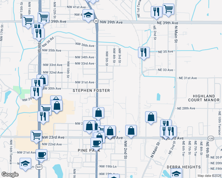 map of restaurants, bars, coffee shops, grocery stores, and more near 535 Northwest 31st Avenue in Gainesville