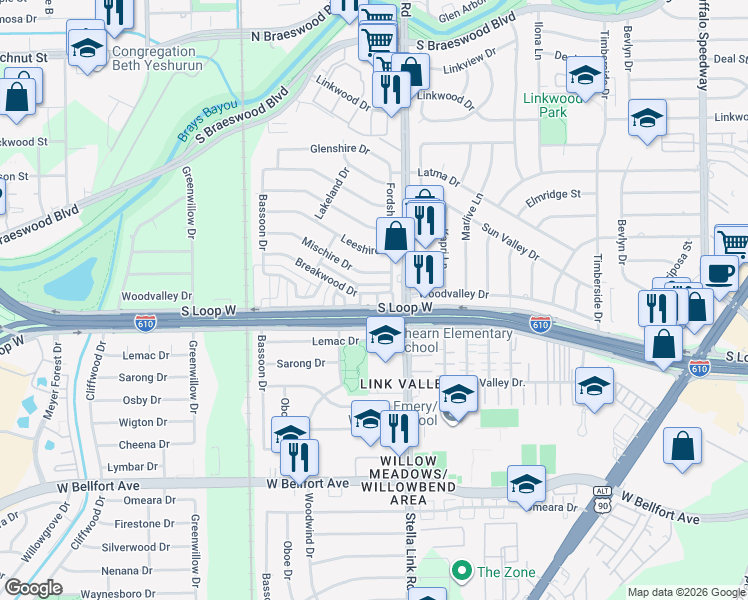 map of restaurants, bars, coffee shops, grocery stores, and more near 4028 Breakwood Drive in Houston
