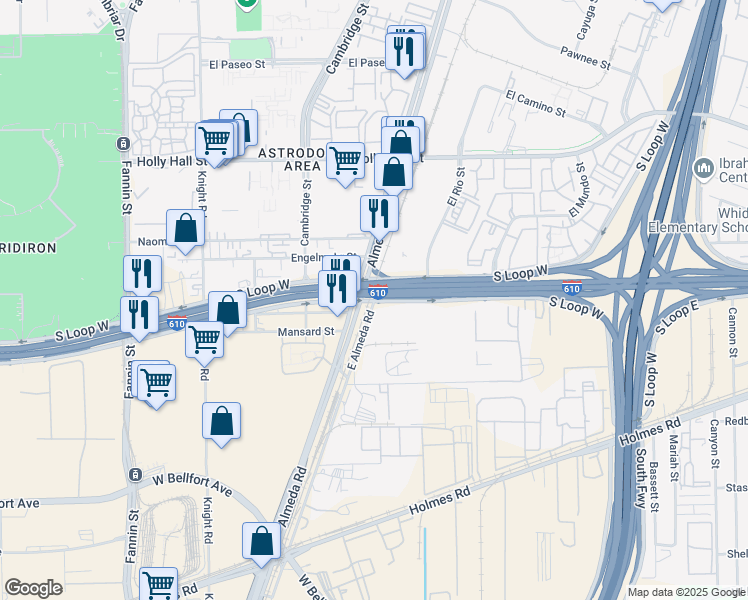 map of restaurants, bars, coffee shops, grocery stores, and more near 7200 East Almeda Road in Houston