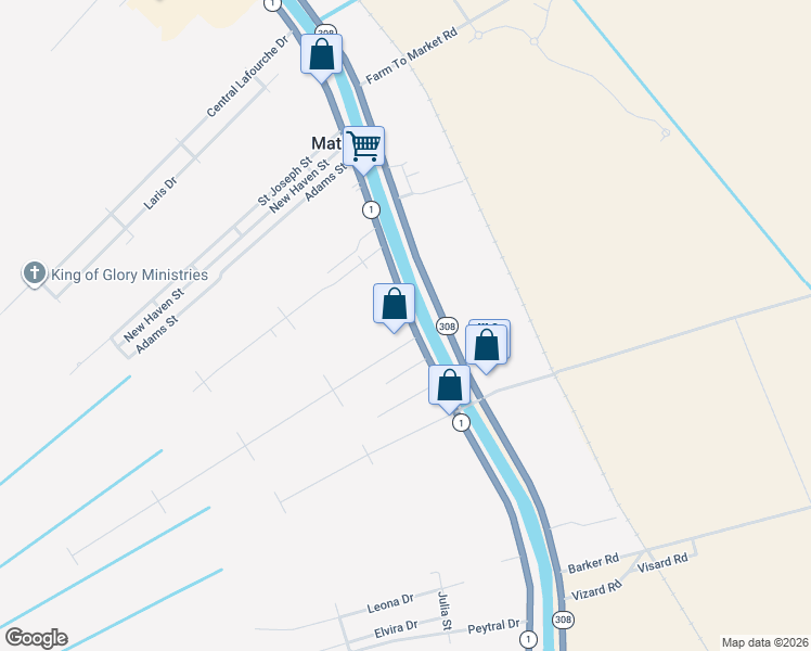 map of restaurants, bars, coffee shops, grocery stores, and more near 5102-5106 Highway 1 in Raceland
