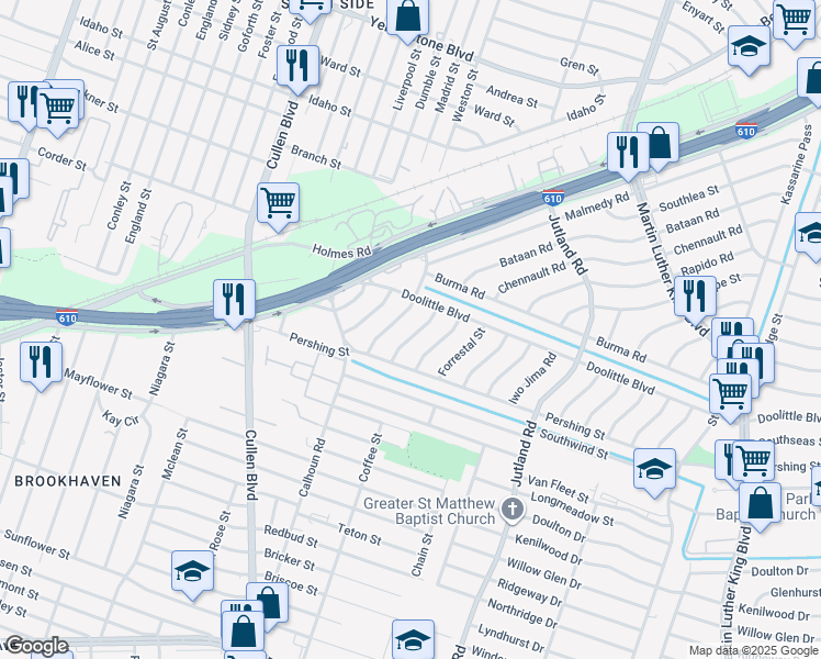 map of restaurants, bars, coffee shops, grocery stores, and more near 7314 Dunkirk Road in Houston