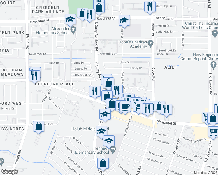 map of restaurants, bars, coffee shops, grocery stores, and more near 9061 South Dairy Ashford Road in Houston