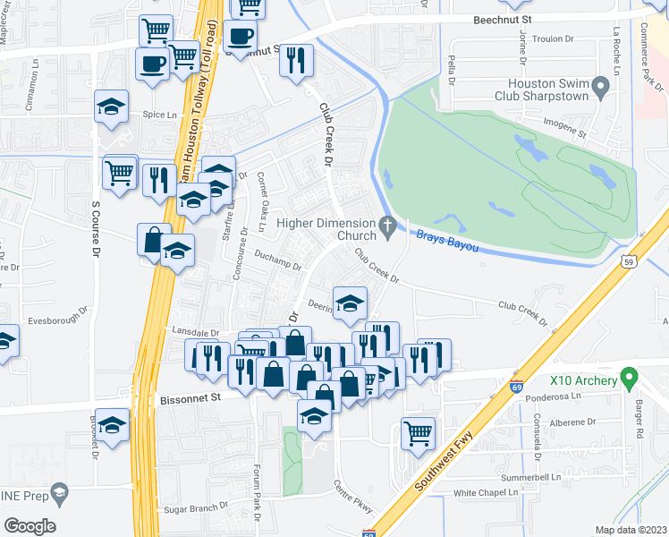 map of restaurants, bars, coffee shops, grocery stores, and more near 9303 Woodfair Drive in Houston