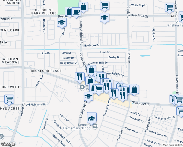 map of restaurants, bars, coffee shops, grocery stores, and more near 9061 South Dairy Ashford Road in Houston