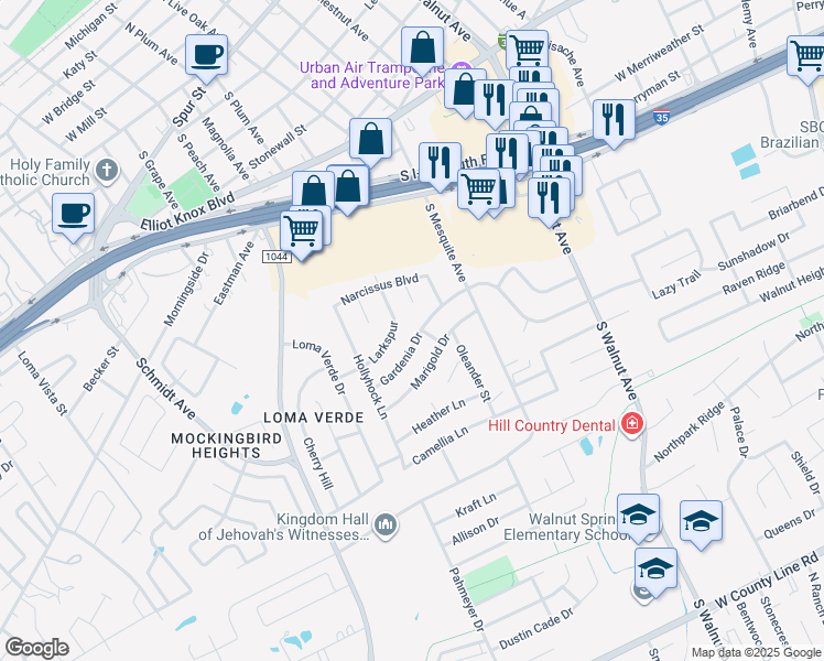 map of restaurants, bars, coffee shops, grocery stores, and more near 1480 Gardenia Drive in New Braunfels