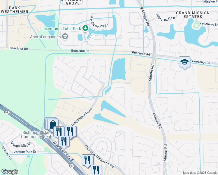 map of restaurants, bars, coffee shops, grocery stores, and more near 6102 Meadow Bluff Court in Richmond