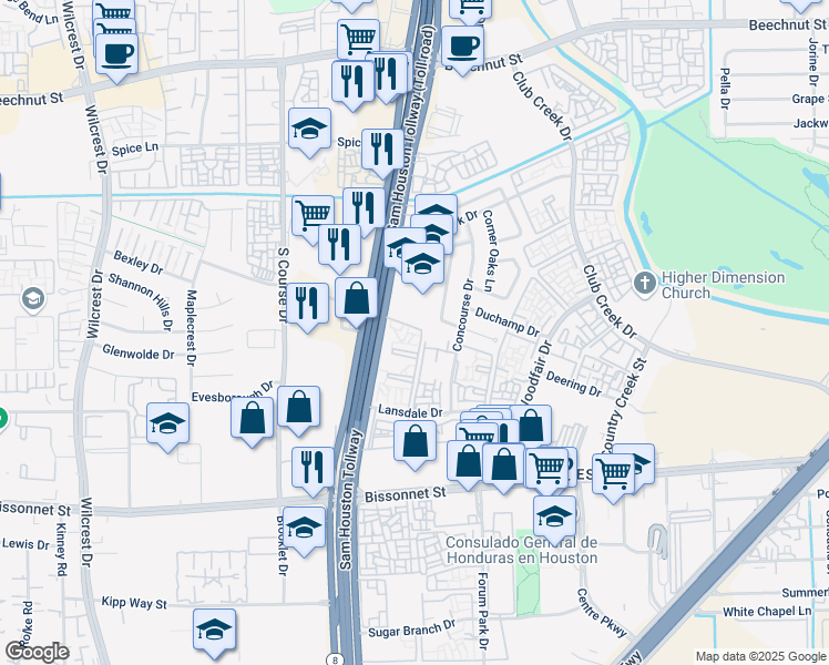 map of restaurants, bars, coffee shops, grocery stores, and more near 5020 West Sam Houston Parkway South in Houston