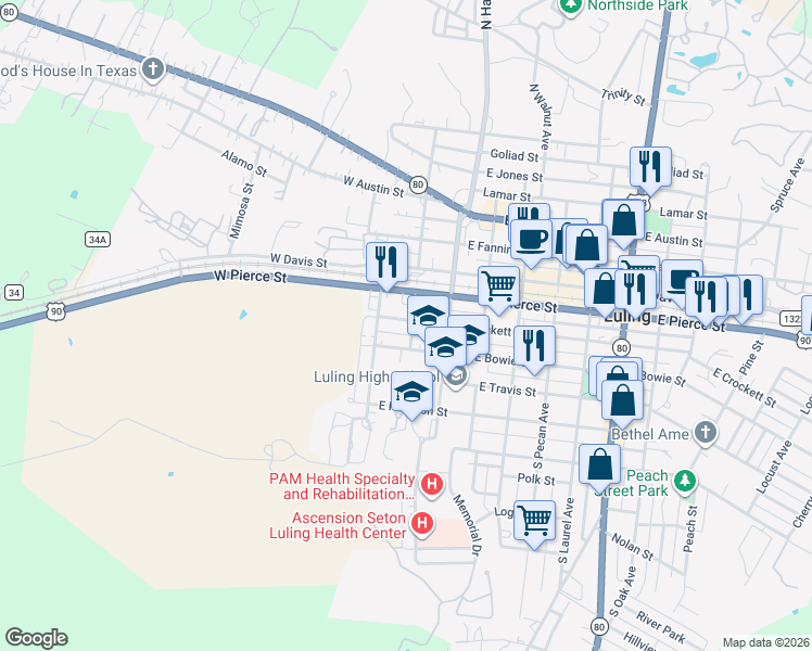 map of restaurants, bars, coffee shops, grocery stores, and more near 120 South Mesquite Street in Luling