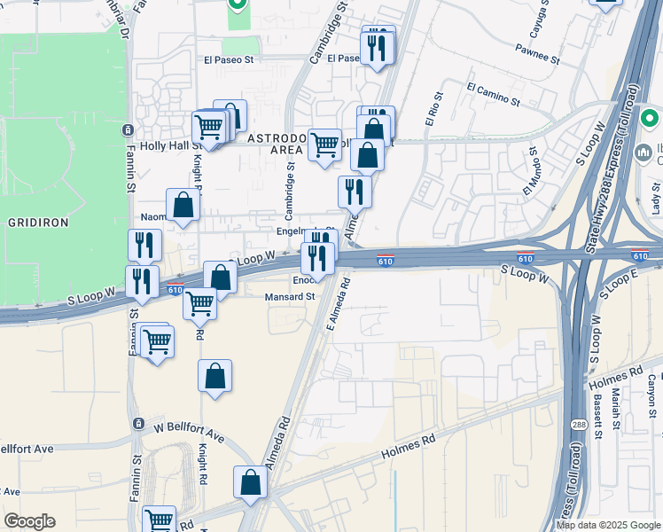 map of restaurants, bars, coffee shops, grocery stores, and more near 107 South Loop West in Houston