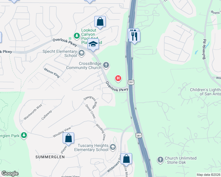 map of restaurants, bars, coffee shops, grocery stores, and more near 25538 Overlook Parkway in San Antonio