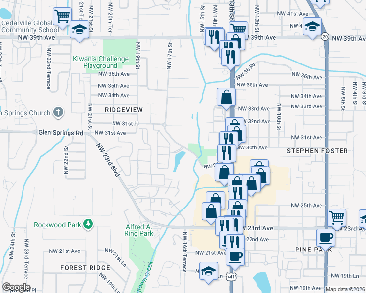 map of restaurants, bars, coffee shops, grocery stores, and more near 1630 Northwest 29 Road in Gainesville
