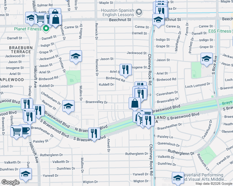 map of restaurants, bars, coffee shops, grocery stores, and more near 5400 Loch Lomond Drive in Houston