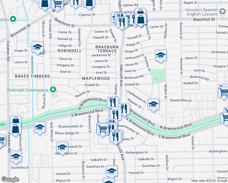 map of restaurants, bars, coffee shops, grocery stores, and more near 9014 Carlota Court in Houston