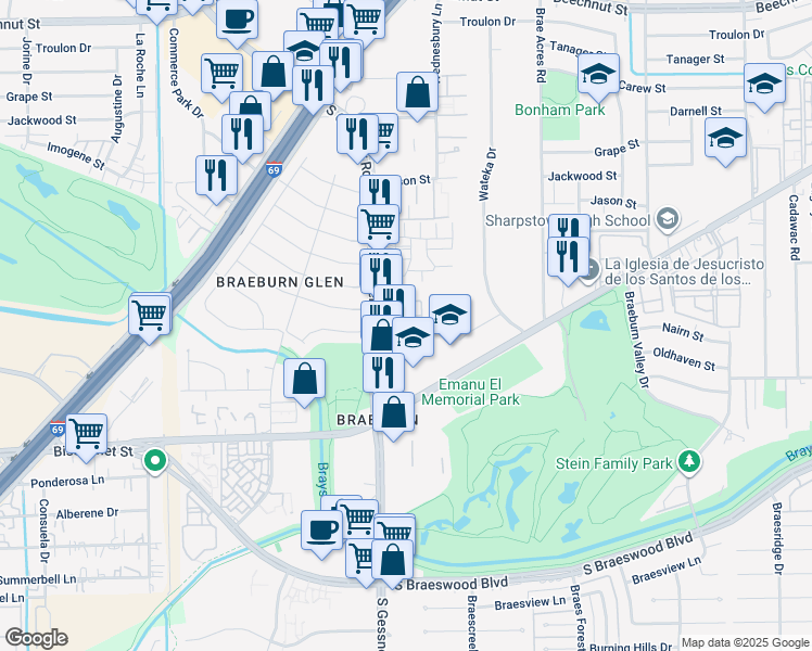 map of restaurants, bars, coffee shops, grocery stores, and more near 8400 Nairn Street in Houston