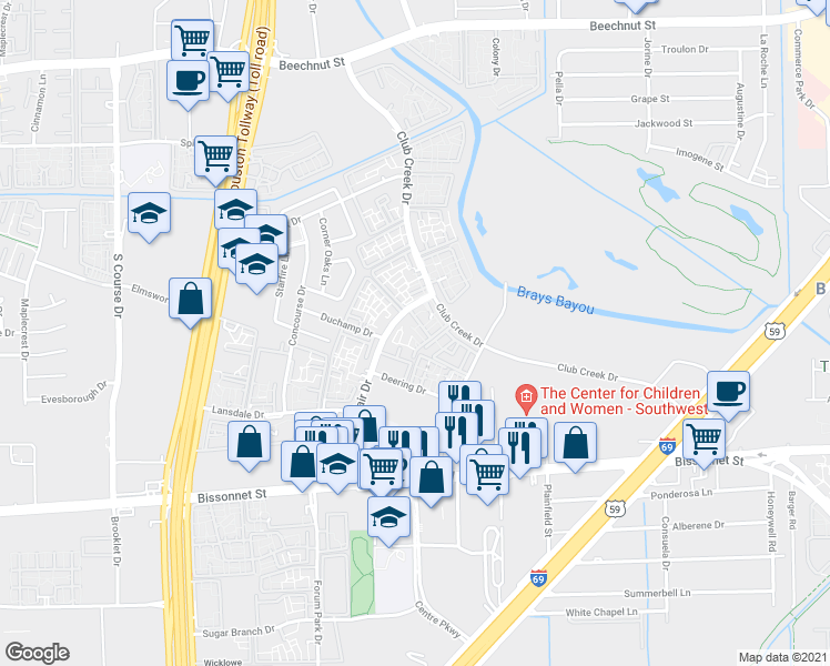 map of restaurants, bars, coffee shops, grocery stores, and more near 9303 Woodfair Drive in Houston