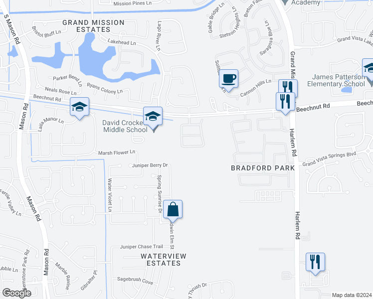 map of restaurants, bars, coffee shops, grocery stores, and more near 19643 Travis Cannon Lane in Richmond